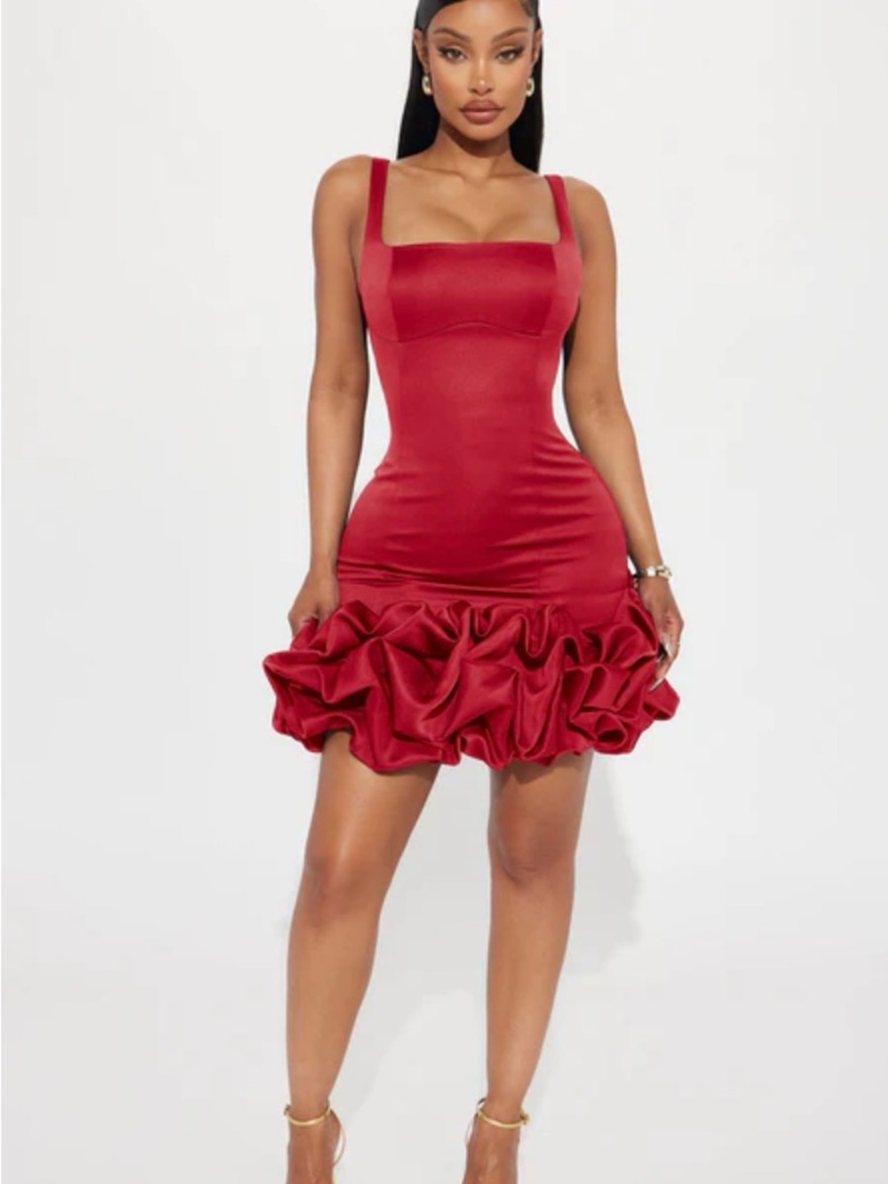Fashion Nova Red Ruffled-Hem Square Neck Bodycon Mini Dress